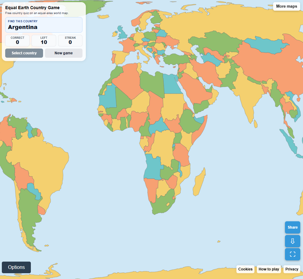 Country Game with a prompt to find Argentina on a colourful world map