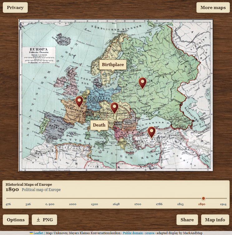 Historical map of Europe with labelled markers for Stockholm and Dresden