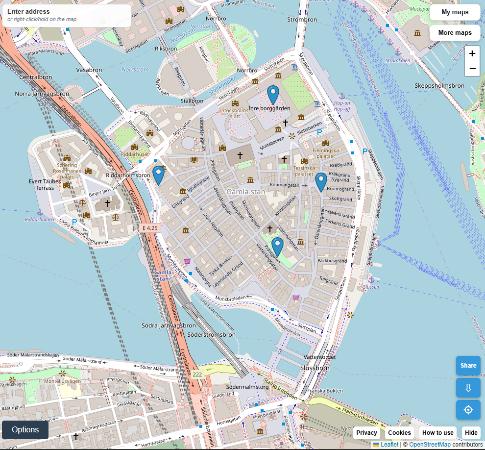 Street map of Stockholm with blue markers for places to explore