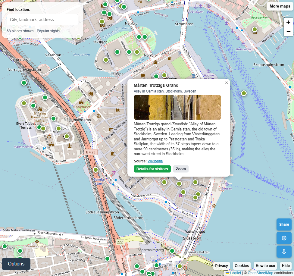 Wiki Locations map of Stockholm with the Mårten Trotzigs Gränd place card open