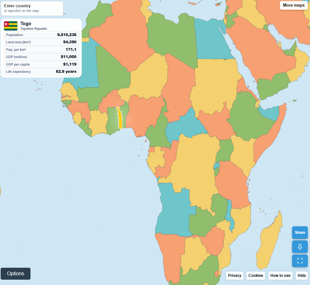 Wiki Nation map with Ethiopia selected and its country information