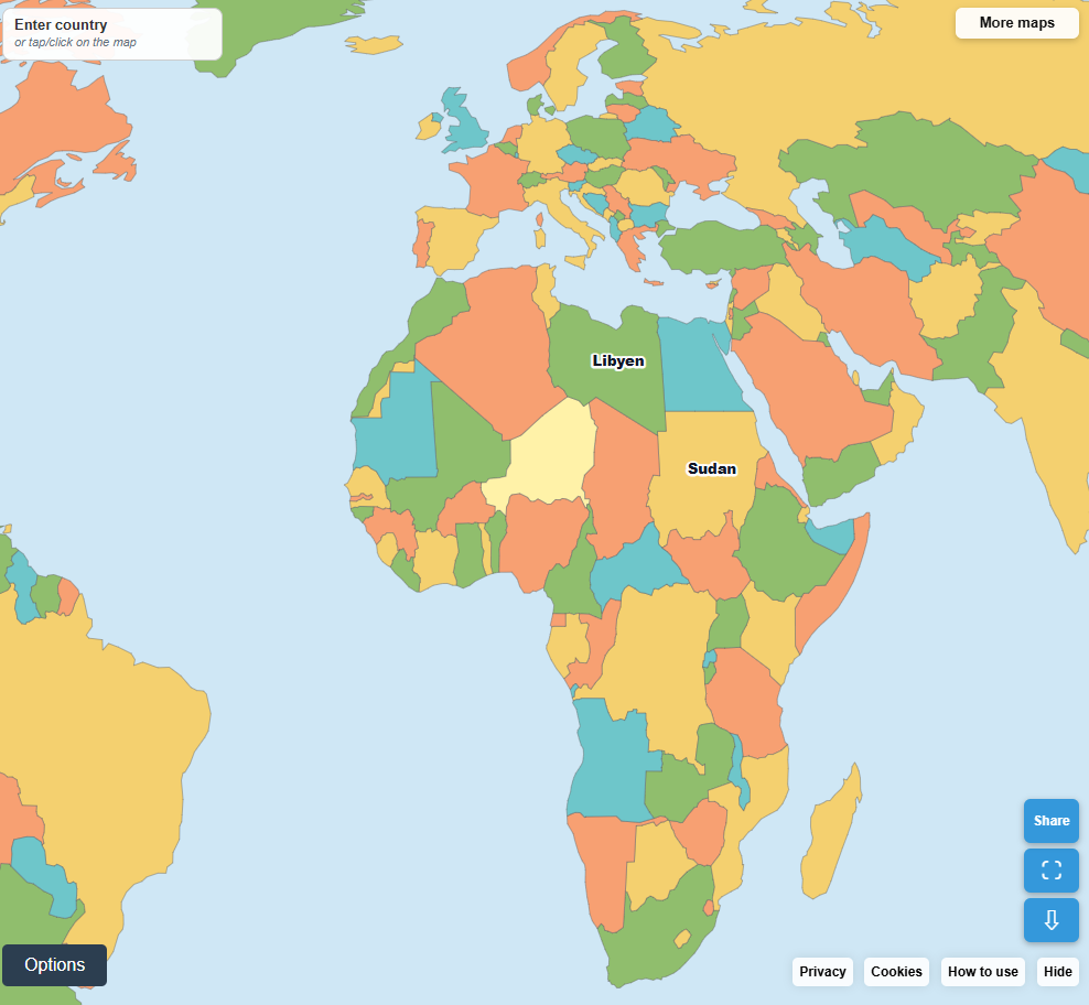 Equal Earth world map with colourful countries and a Libya label